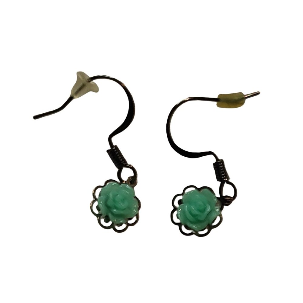 NEW Homemade/Handmade Green Rose with Black Metal Drop Earrings